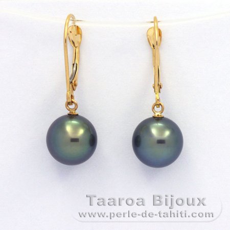 Aretes de Oro 18Kl y 2 Perlas de Tahiti Redondas B+ 9 mm