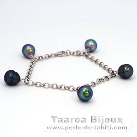 Pulsera de Plata y 5 Perlas de Tahiti Anilladas B de 8.7 a 8.9 mm