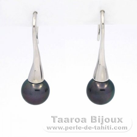 Aretes de Plata y 2 Perlas de Tahiti Redondas C 9 mm