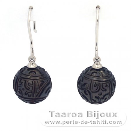 Aretes de Plata y 2 Perlas de Tahiti Grabada 11 mm