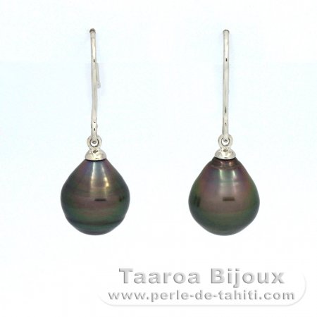 Aretes de Plata y 2 Perlas de Tahiti Anilladas B 9.7 y 9.9 mm