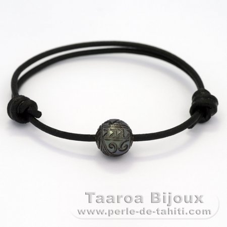 Pulsera de Cuero y 1 Perla de Tahiti Grabada  11.4 mm