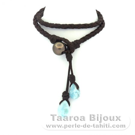 Pulsera de Cuero, 2 Larimar y 1 Perla de Tahiti Redonda C 9.7 mm