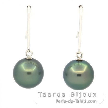 Aretes de Oro blanco 14Kl y 2 Perlas de Tahiti Redondas B 8.9 mm