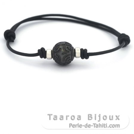 Pulsera de Cuero y 1 Perla de Tahiti Grabada 11 mm