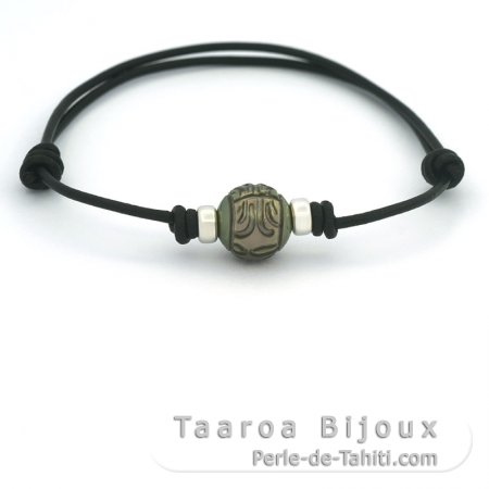 Pulsera de Cuero y 1 Perla de Tahiti Grabada  10.4 mm