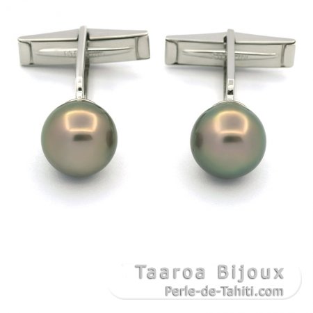 Mancuernas de Plata y 2 Perlas de Tahiti Redondas C 10.7 mm