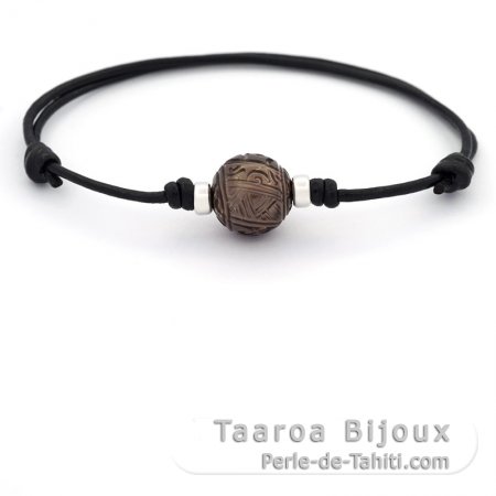 Pulsera de Cuero y 1 Perla de Tahiti Grabada 12.4 mm