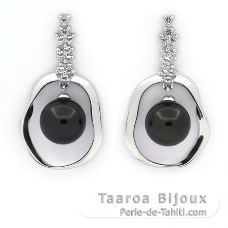 Aretes de Plata y 2 Perlas de Tahiti 1 Redonda & 1 Semi-Redonda C 9.6 y 9.7 mm