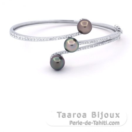 Pulsera de Plata y 3 Perlas de Tahiti Semi-Barrocas A/B 8.1 mm