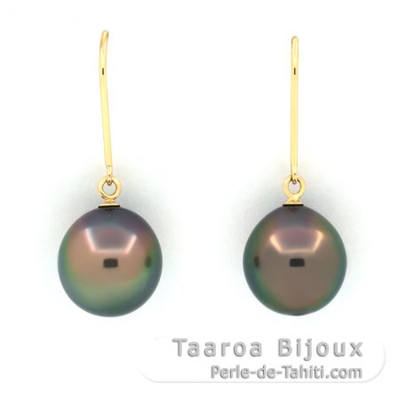 Aretes de Oro 14Kl y 2 Perlas de Tahiti Semi-Barrocas B 9.7 mm