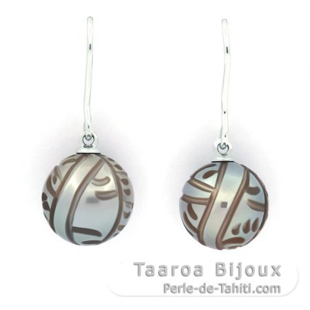 Aretes de Plata y 2 Perlas de Tahiti Grabadas 11 mm