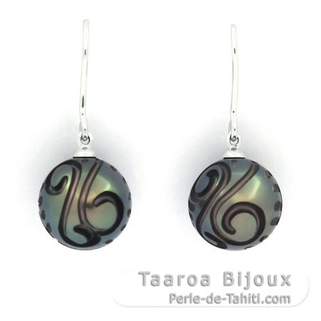 Aretes de Plata y 2 Perlas de Tahiti Grabadas 11.6 mm