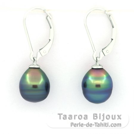 Aretes de Plata y 2 Perlas de Tahiti Anilladas B/C 9.3 mm