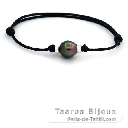 Pulsera de Algodn Encerado y 1 Perla de Tahiti Semi-Barroca B 10.7 mm