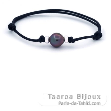 Pulsera de Algodn Encerado y 1 Perla de Tahiti Semi-Barroca B+ 9.7 mm