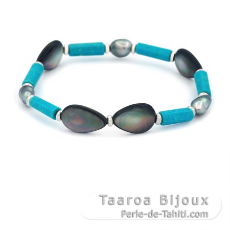 Pulsera con 3 Perlas Keshi de Tahit, Plata, Turquesa y Ncar