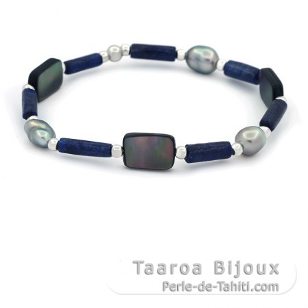 Pulsera con 3 Perlas Keshi de Tahit, Plata, Lapislzuli y Ncar