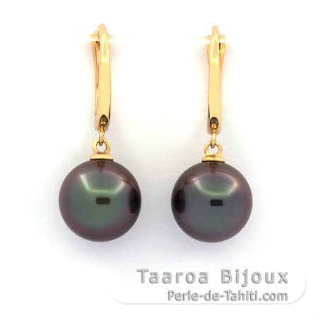 Aretes de Oro 18Kl y 2 Perlas de Tahiti Redondas 1 A+ y 1 B+ 9.9 mm