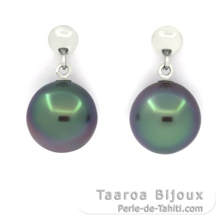 Aretes de Oro blanco 14Kl y 2 Perlas de Tahiti Semi-Barrocas 1 A y 1 B 9.5 mm