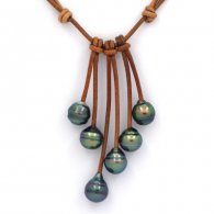 Collar de Cuero y 6 Perlas de Tahiti Anilladas C+ de 9 a 9.2 mm