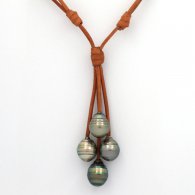Collar de Cuero y 4 Perlas de Tahiti Anilladas C de 10.5 a 10.7 mm