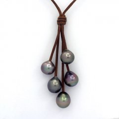 Collar de Cuero y 5 Perlas de Tahiti Semi-Barrocas B/C  10 a 10.3 mm