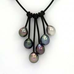 Collar de Cuero y 6 Perlas de Tahiti Semi-Barrocas C  9 a 9.5 mm