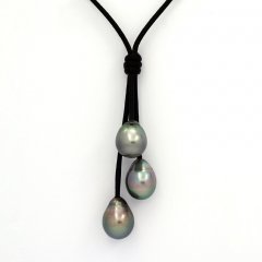 Collar de Cuero y 3 Perlas de Tahiti Semi-Barrocas B  9.6 a 9.9 mm
