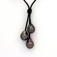 Collar de Cuero y 3 Perlas de Tahiti Semi-Barrocas B  9.7 a 9.9 mm