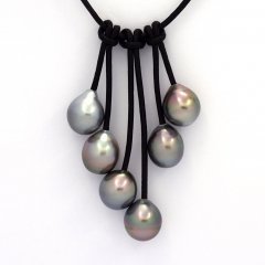 Collar de Cuero y 6 Perlas de Tahiti Semi-Barrocas B  9.5 a 9.9 mm