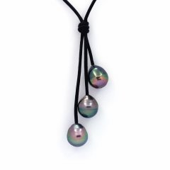 Collar de Cuero y 4 Perlas de Tahiti Anilladas C 9.1 a 10.7 mm