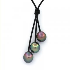 Collar de Cuero y 3 Perlas de Tahiti Semi-Barrocas B/C de 10.1 a 10.3 mm