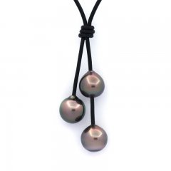 Collar de Cuero y 3 Perlas de Tahiti Semi-Barrocas B/C de 10 a 10.4 mm