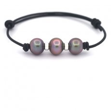 Pulsera de Cuero y 3 Perlas de Tahiti Semi-Barrocas B 10 mm