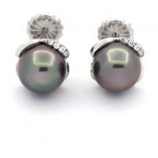 Aretes de Plata y 2 Perlas de Tahiti Semi-Redondas B 8.8 mm