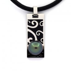 Colgante de Acero Inoxidable, Collar de Neopreno y 1 Perla de Tahiti Redonda C 9.7 mm