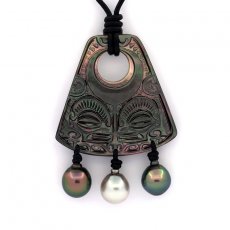 Pendiente en nacarado y 3 Perlas de Tahiti Semi-Barrocas B/C de 9.6 a 9.9 mm