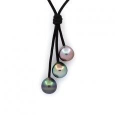 Collar de Cuero y 3 Perlas de Tahiti Semi-Barrocas C de 9.8 a 9.9 mm
