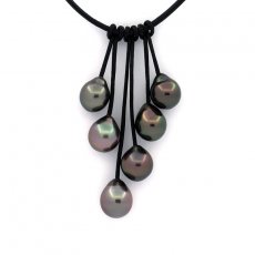 Collar de Cuero y 6 Perlas de Tahiti Semi-Barrocas B/C de 8.6 a 9.4 mm