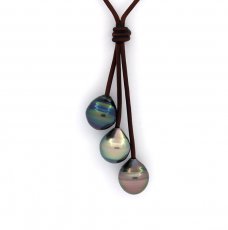 Collar de Cuero y 3 Perlas de Tahiti Anilladas C de 11.2 mm
